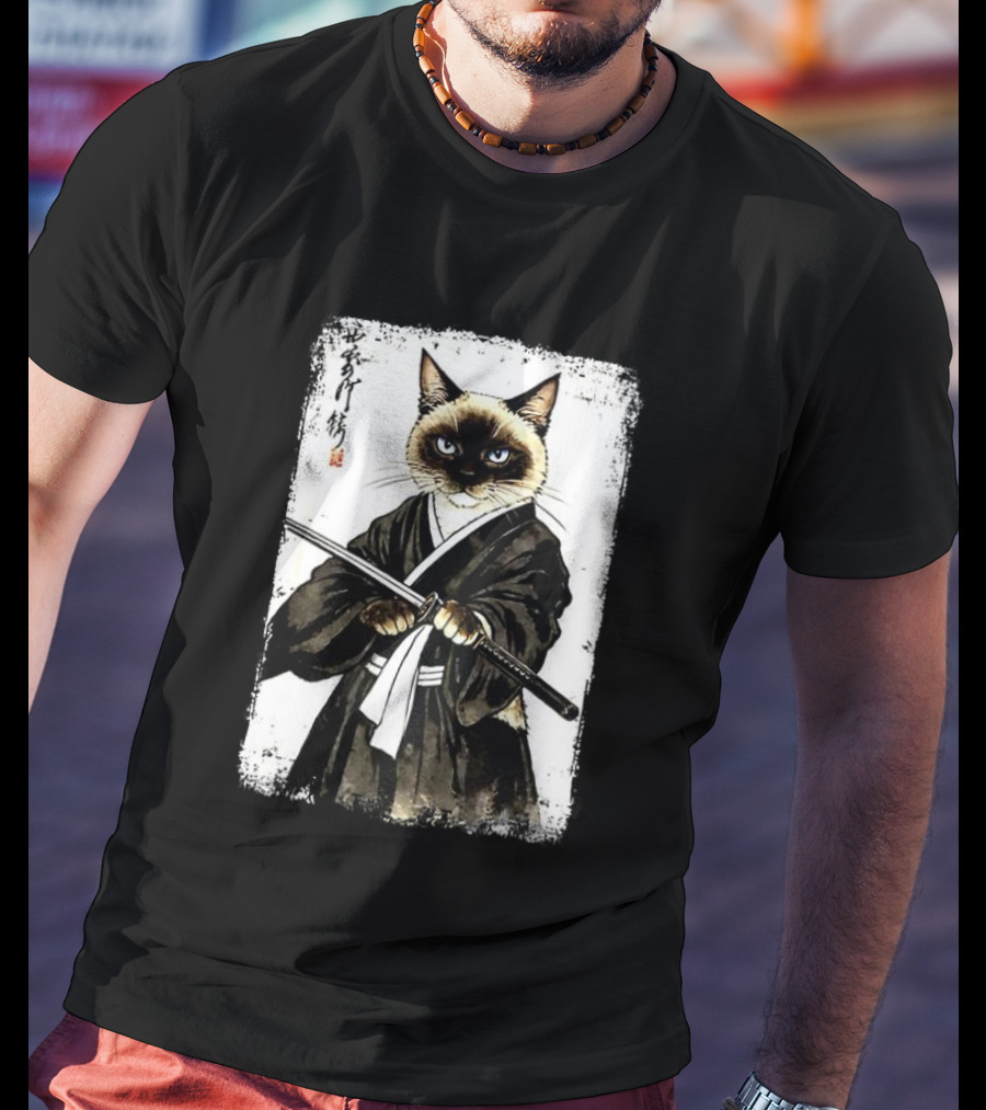 Siamese Cat Samurai Warrior Japanese Vantage Painting Kanji T-Shirt