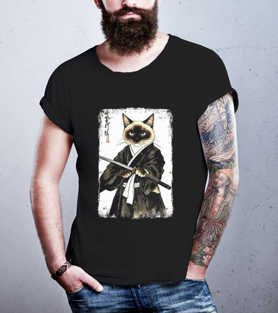 Siamese Cat Samurai Warrior Japanese Vantage Painting Kanji T-Shirt