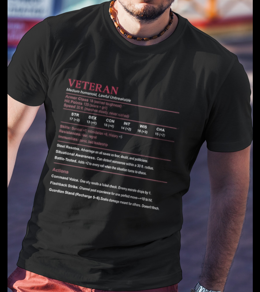 Veteran Medium Humanoid Lawful Unbreakable Mythical Background Proficiency T-Shirt