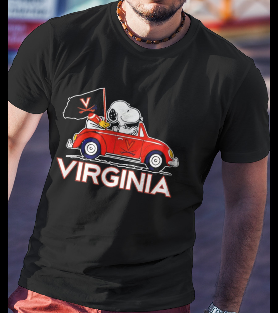 Virginia Tech Snoopy Woodstock Driving Red Car With Flag T-Shirt