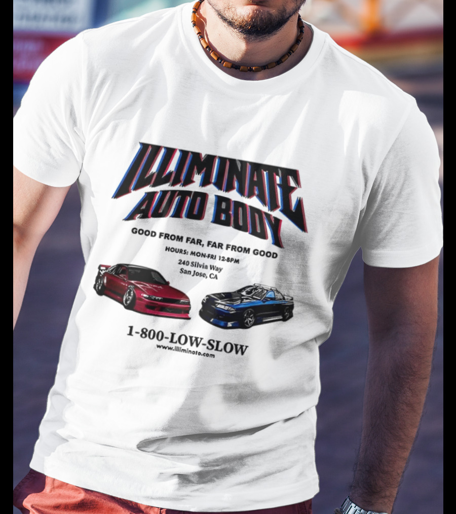 Illiminate Auto Body Good From Far Far From Good Retro Red Blue Car T-Shirt