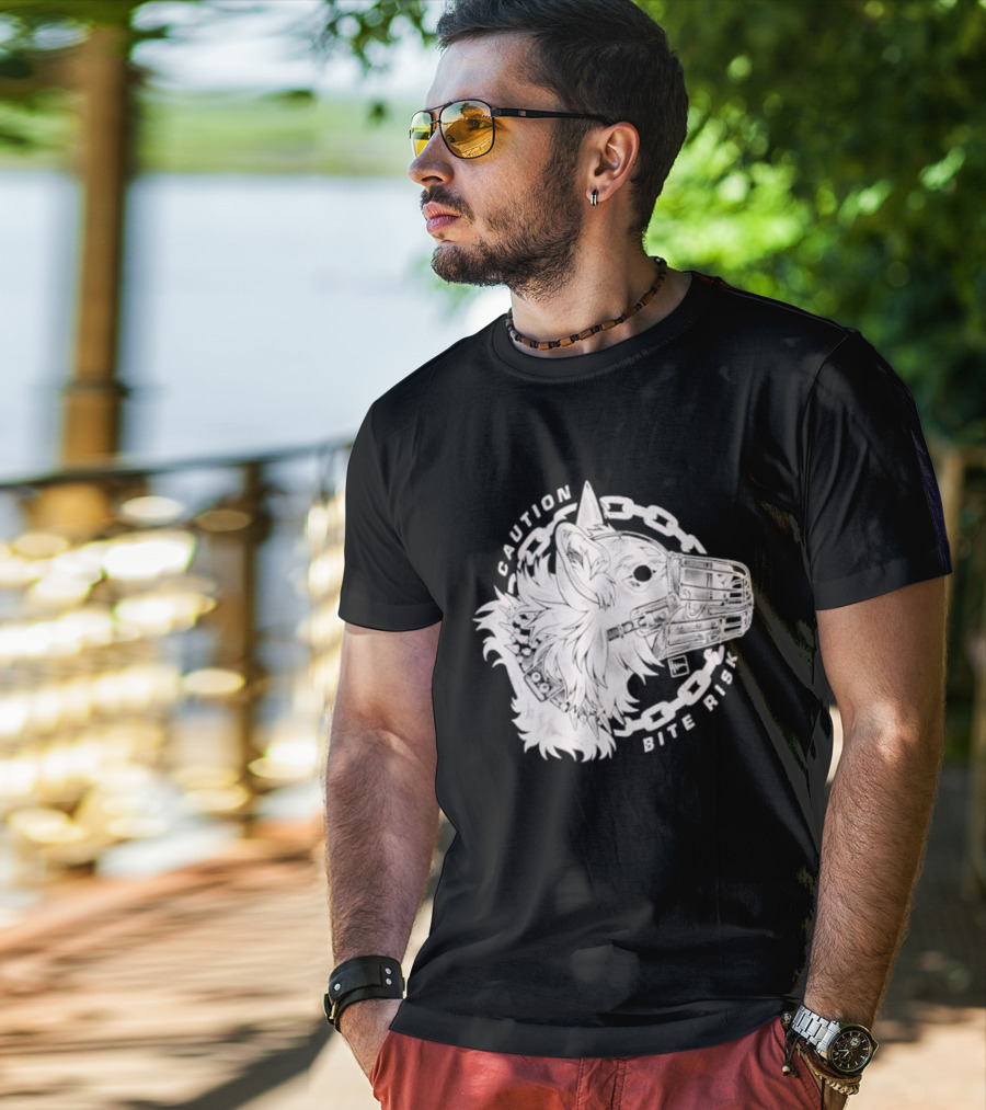 Caution Bite Risk Dog Muzzle Chain T-Shirt