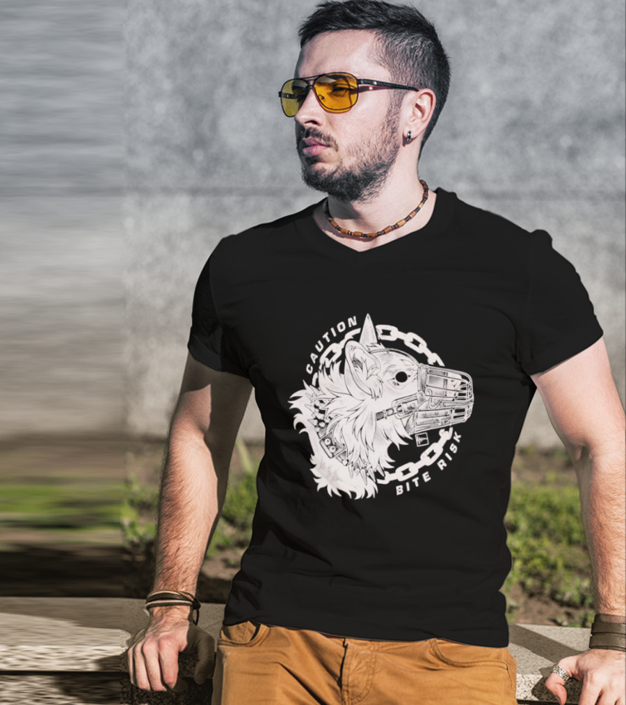 Caution Bite Risk Dog Muzzle Chain T-Shirt
