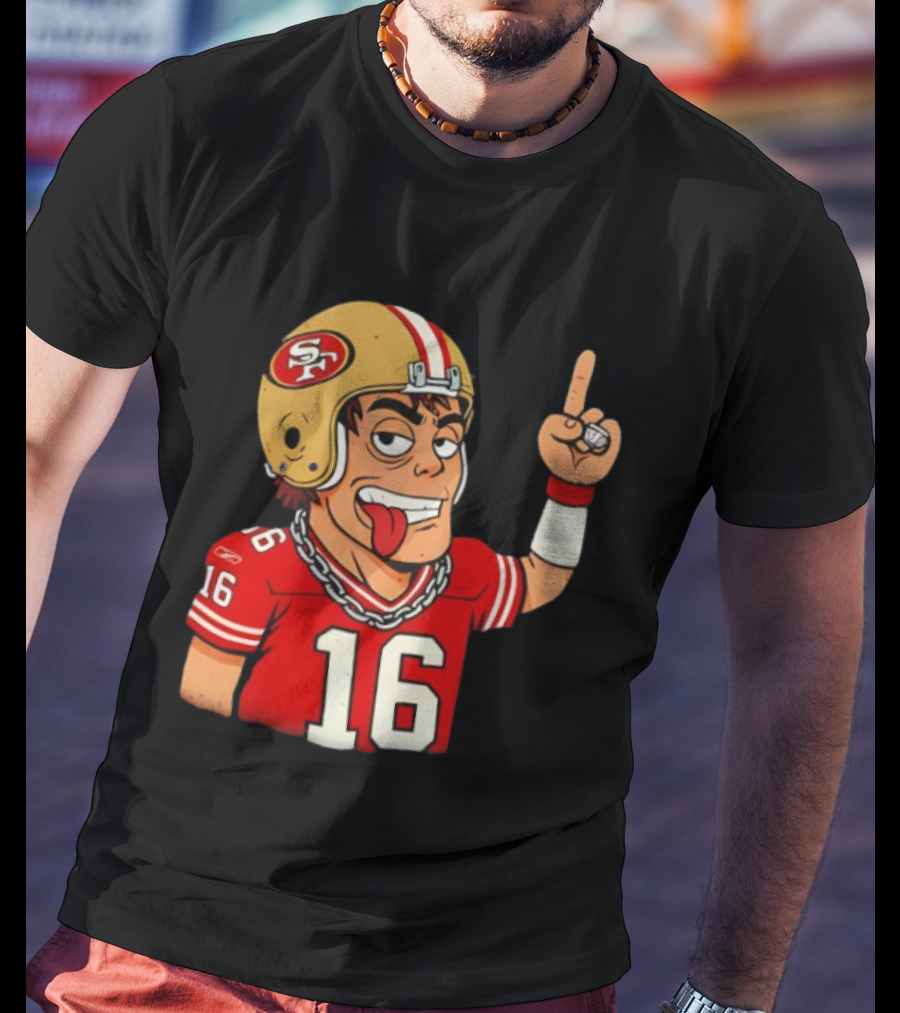Legendary Quarterback Joe Montana #16 San Francisco 49ers Cartoon Helmet Tongue Out T-Shirt
