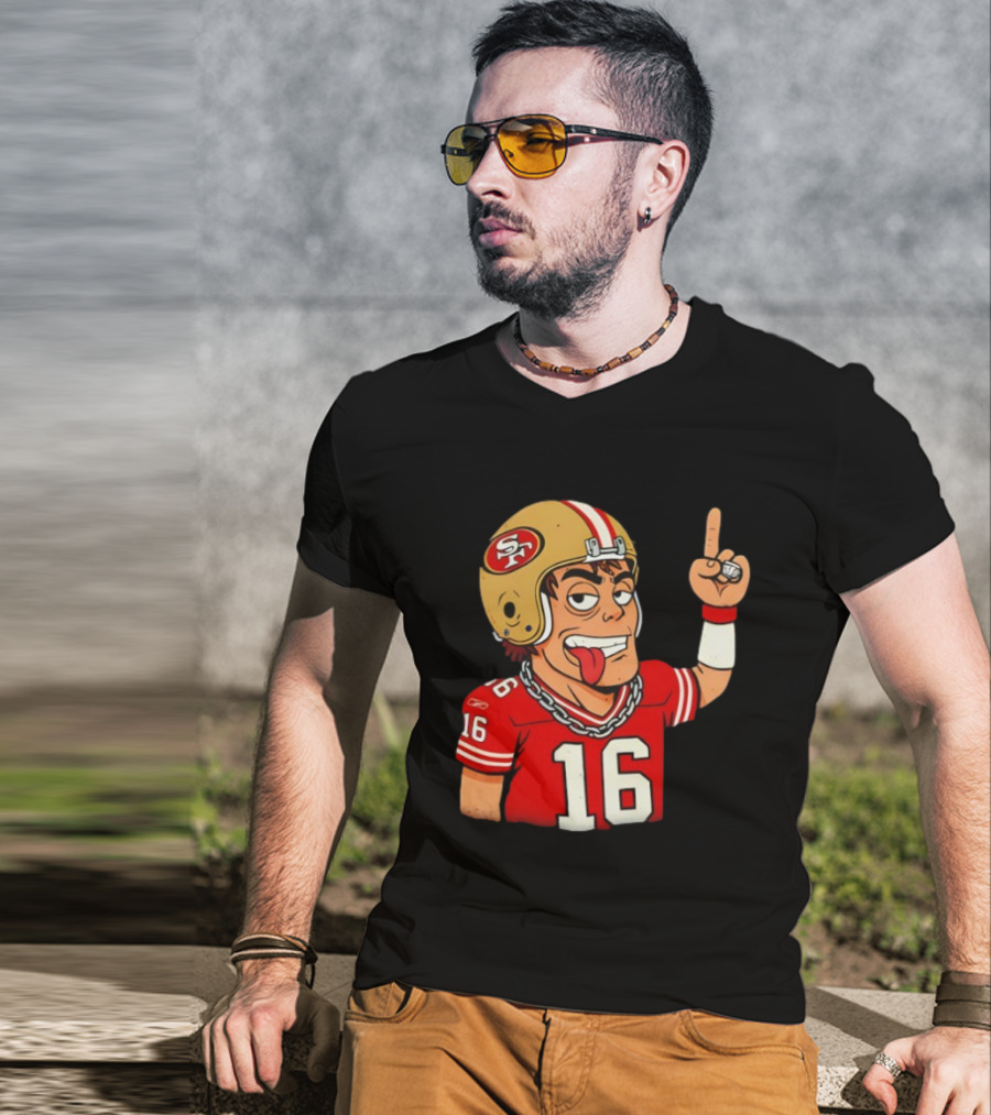 Legendary Quarterback Joe Montana #16 San Francisco 49ers Cartoon Helmet Tongue Out T-Shirt