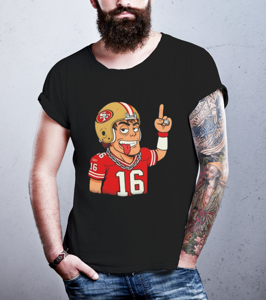 Legendary Quarterback Joe Montana #16 San Francisco 49ers Cartoon Helmet Tongue Out T-Shirt
