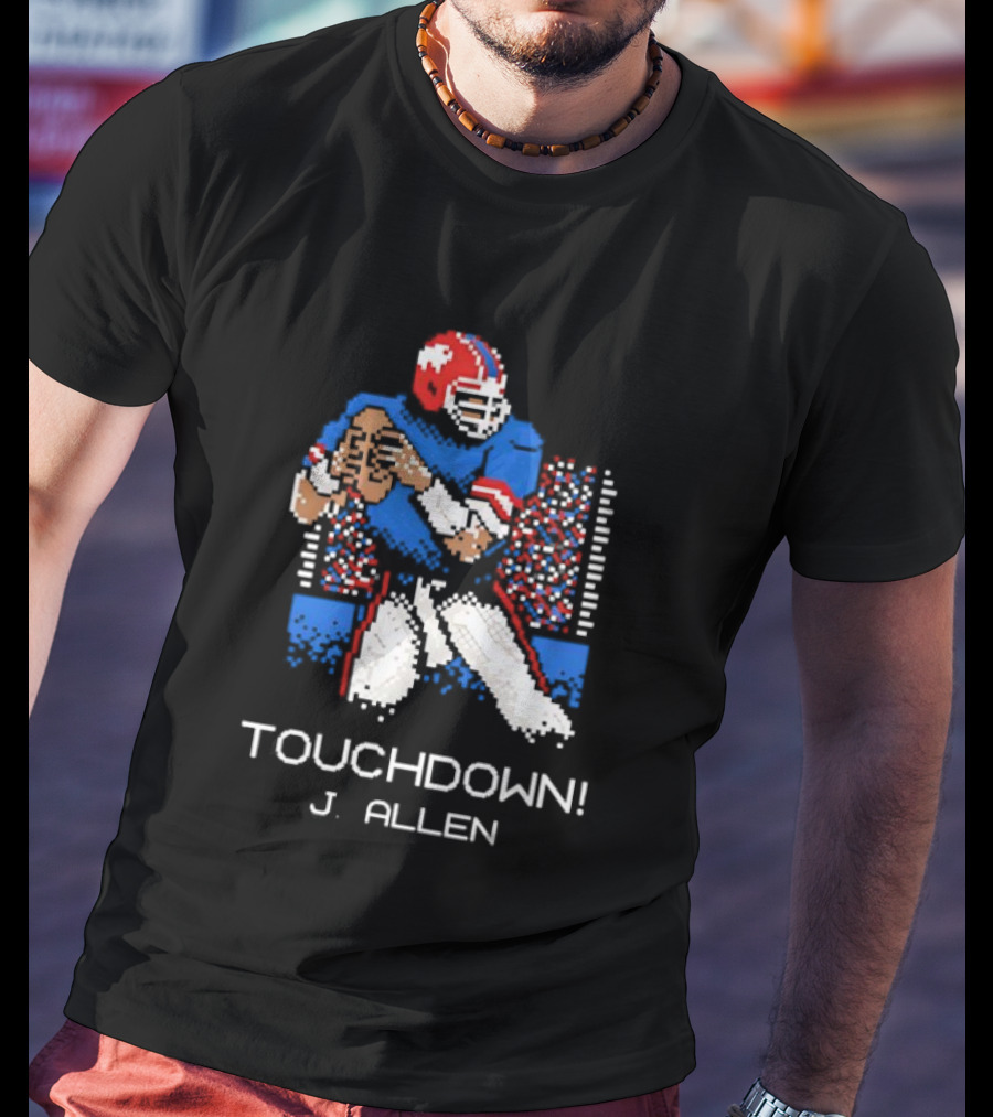 TOUCHDOWN J ALLEN Retro Football Quarterback Blue Red Helmet T-Shirt