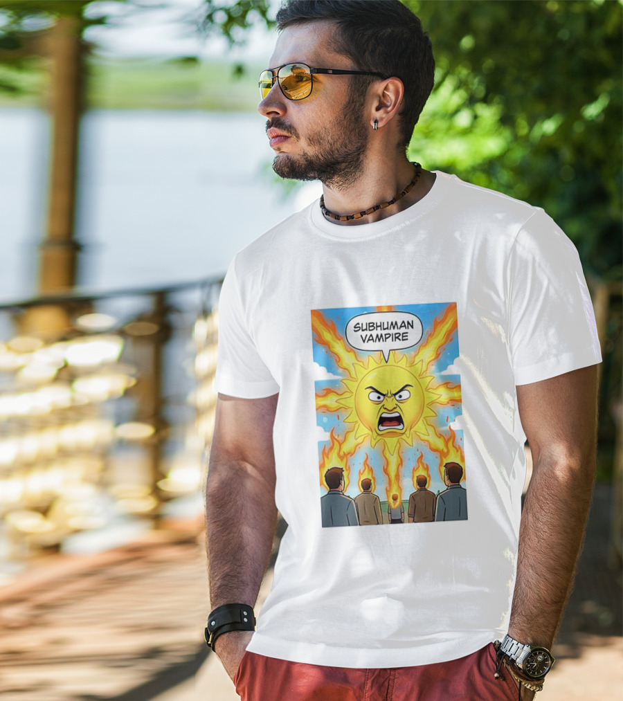 Subhuman Vampire Angry Sun Cartoon With Flames T-Shirt