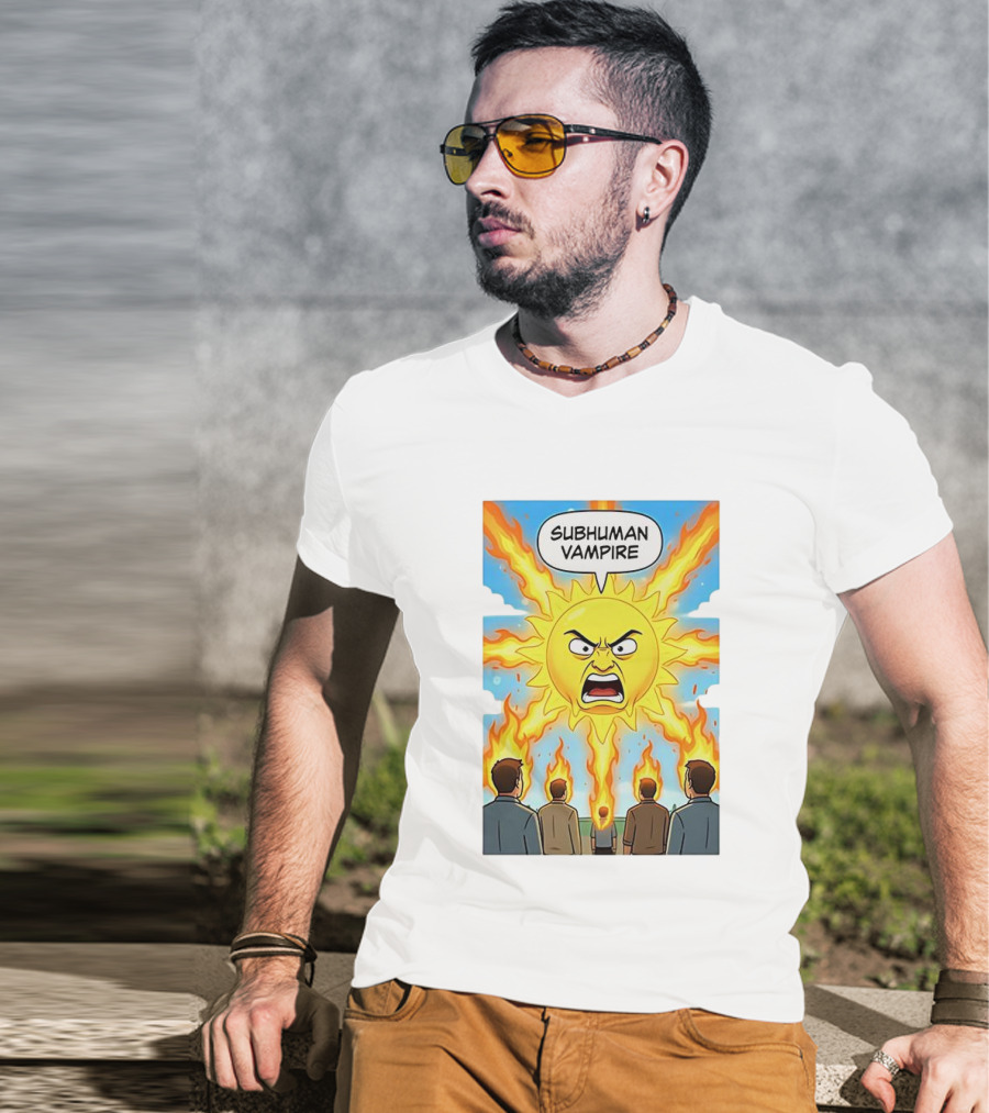 Subhuman Vampire Angry Sun Cartoon With Flames T-Shirt