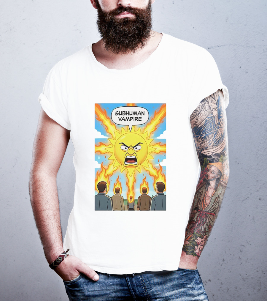 Subhuman Vampire Angry Sun Cartoon With Flames T-Shirt