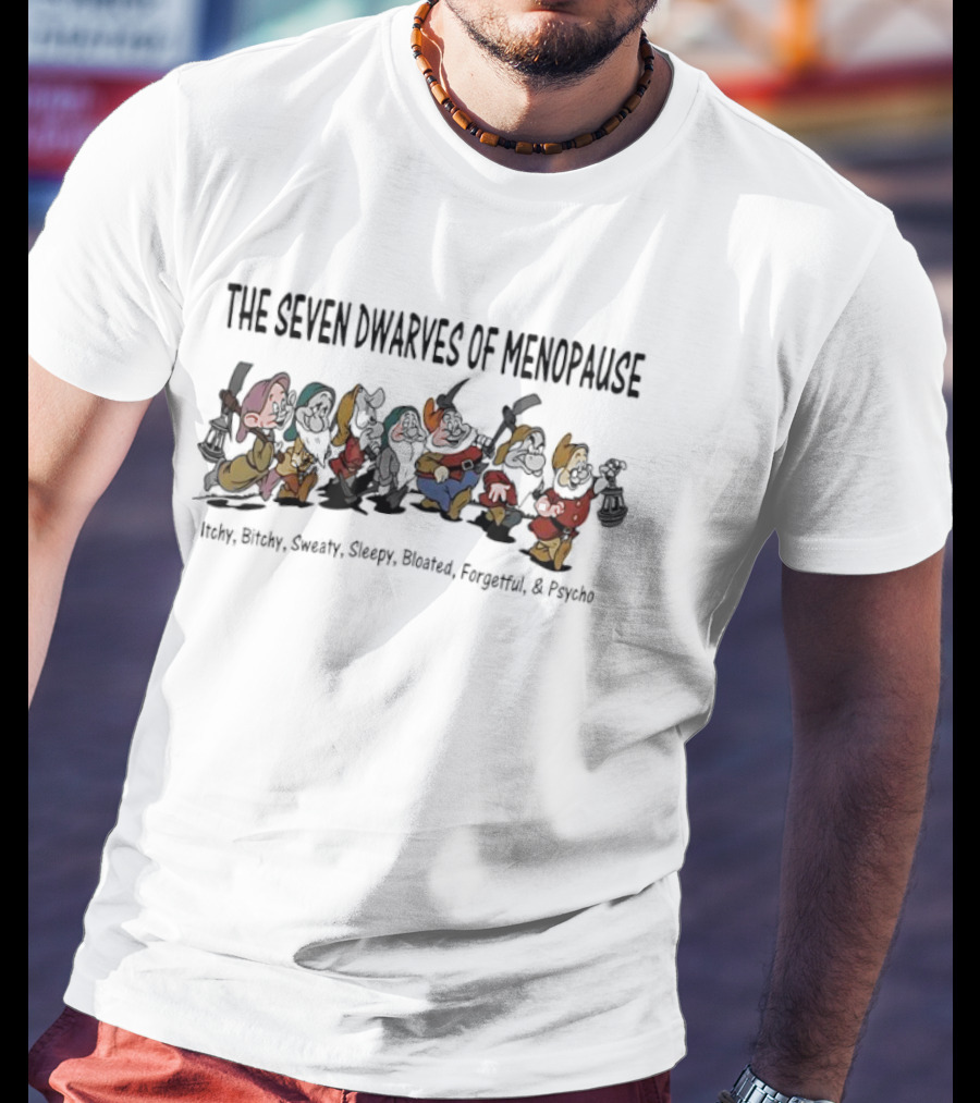 The Seven Dwarves Of Menopause Itchy Bitchy Sweaty Sleepy Bloated Forgetful Psycho Snow White T-Shirt