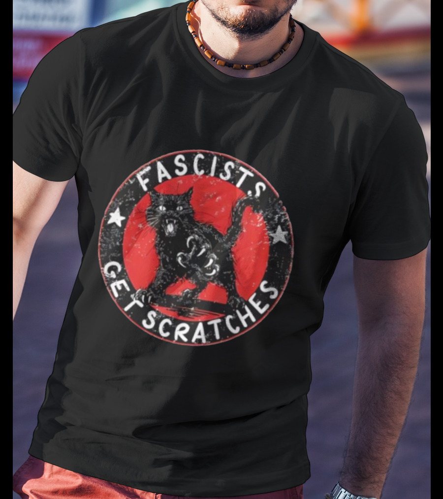 Black Cat Fascists Get Scratches Round Emblem With Stars T-Shirt
