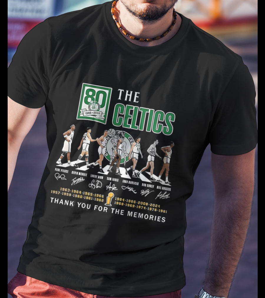 Boston Celtics 80th Anniversary Legendary Players Coaches Signatures Commemorative 1950s 1960s 1970s 1980s T-Shirt