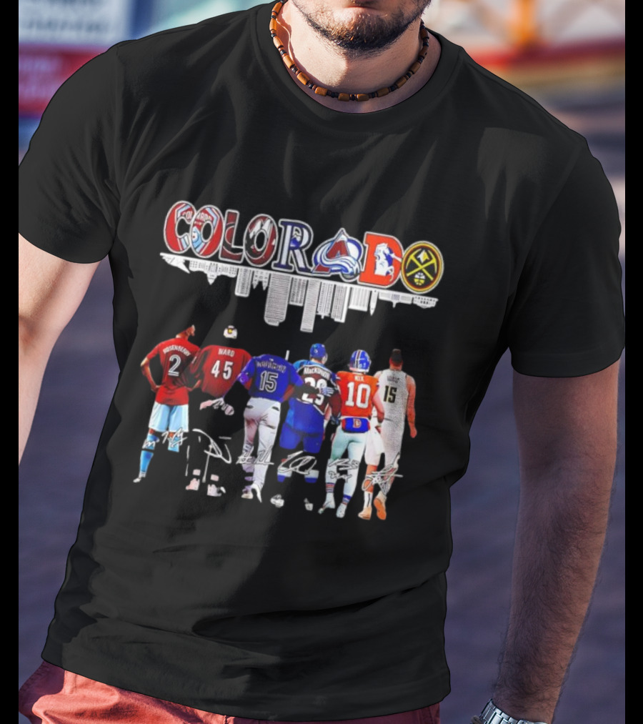 Colorado Avalanche Broncos Nuggets Rockies Jerseys And Ward Jokic Signatures T-Shirt