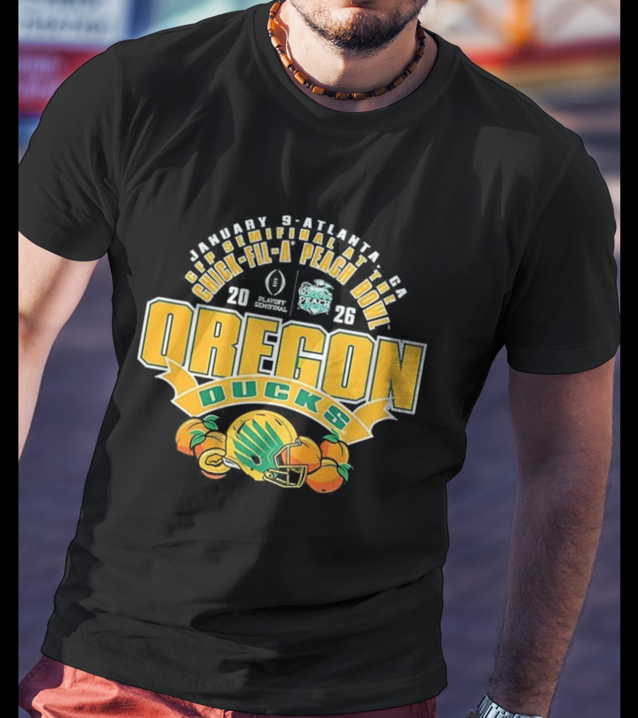 Oregon Ducks NCAA CFP Semifinal Chick Fil A Peach Bowl 2026 Helmet Peaches T-Shirt