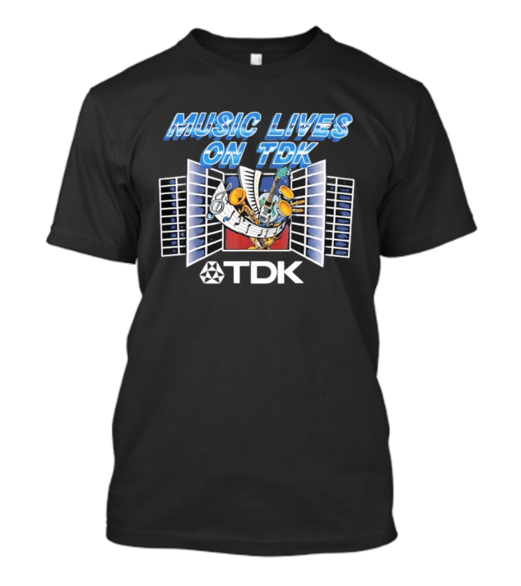 Music Lives On TDK Vintage 80s Cassette Tapes Retro Musical Instruments T-Shirt