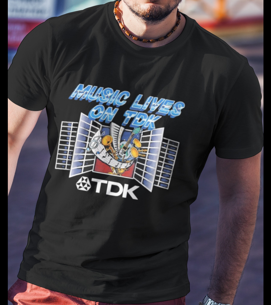 Music Lives On TDK Vintage 80s Cassette Tapes Retro Musical Instruments T-Shirt