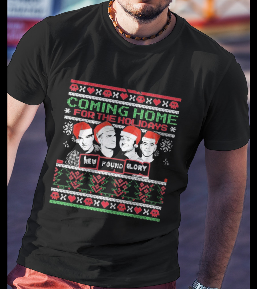 New Found Glory Coming Home For The Holidays Christmas Sweater Style Santa Hats T-Shirt