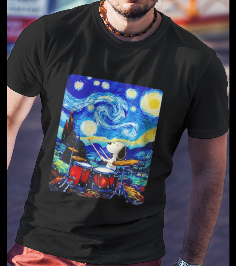 Snoopy Playing Drums Starry Night Van Gogh T-Shirt