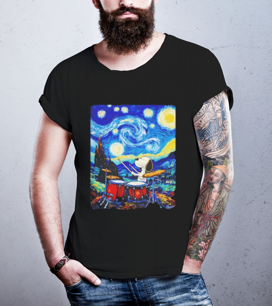 Snoopy Playing Drums Starry Night Van Gogh T-Shirt