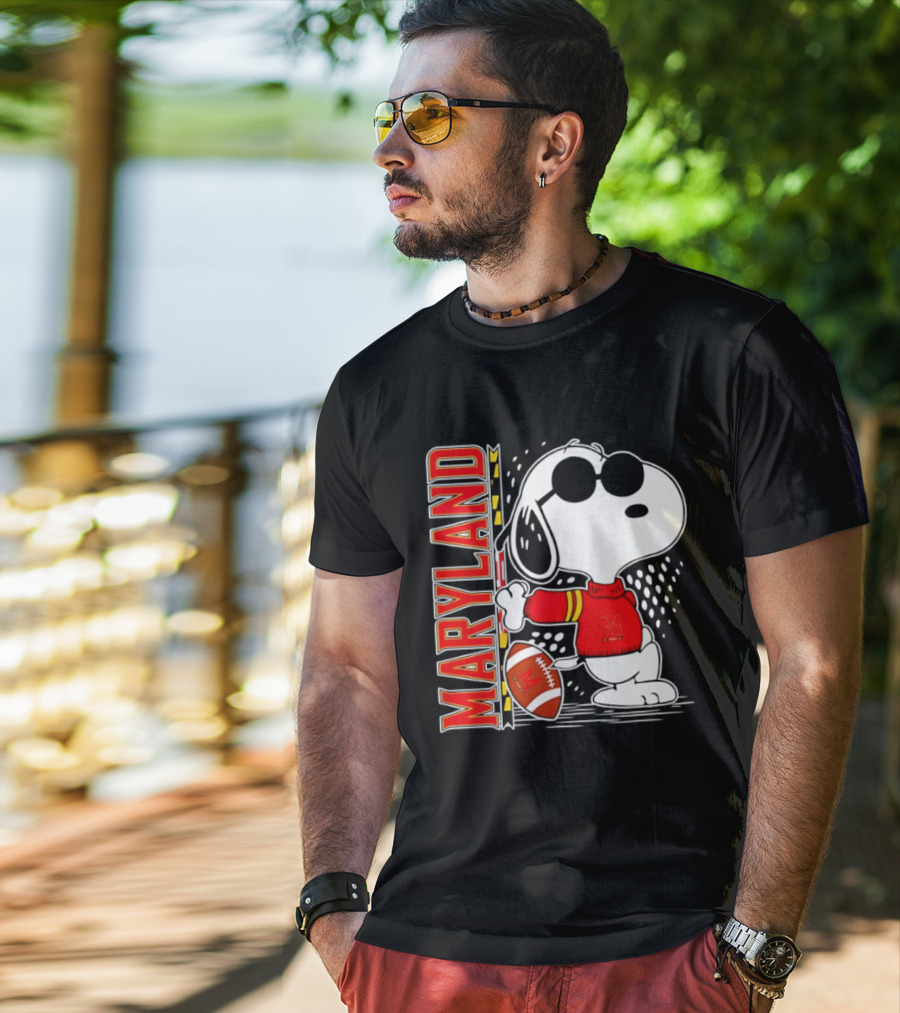Snoopy Joe Cool With Football And Maryland Terrapins T-Shirt