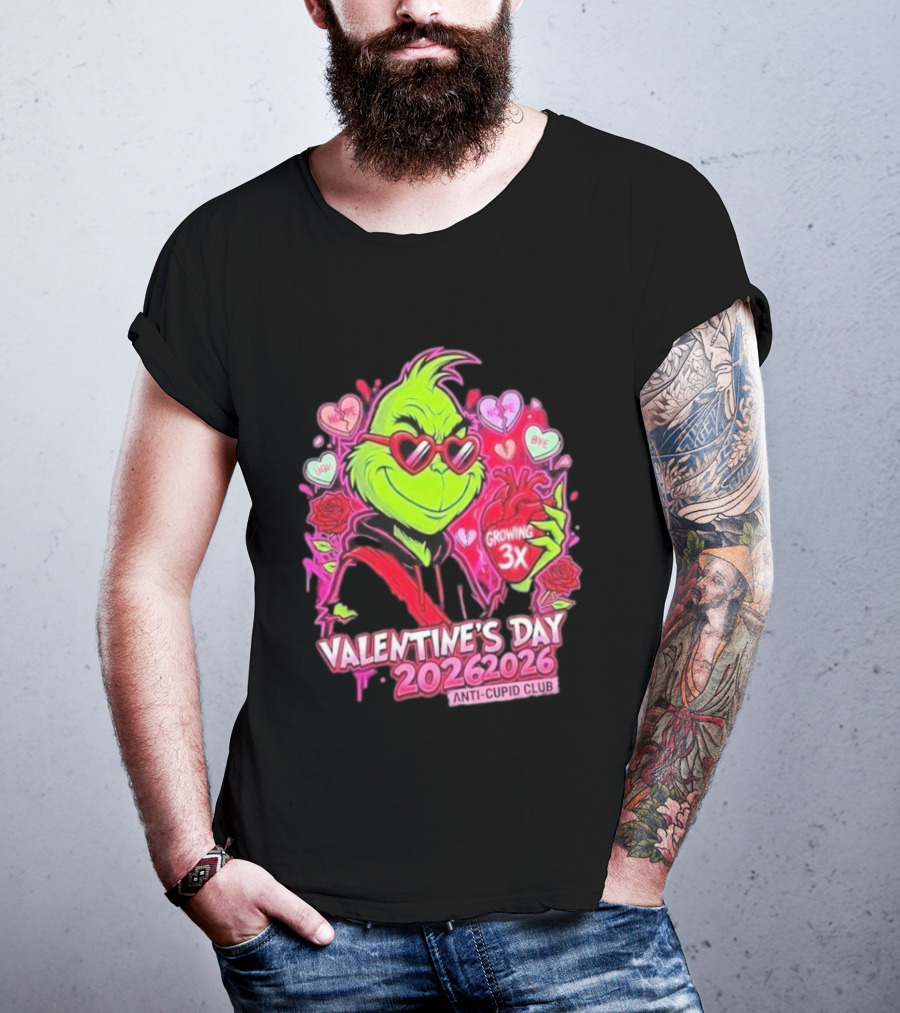 The Grinch Valentine's Day 2026 Anti Cupid Club Growing 3X Heart Funny Sarcastic Candy Hearts T-Shirt