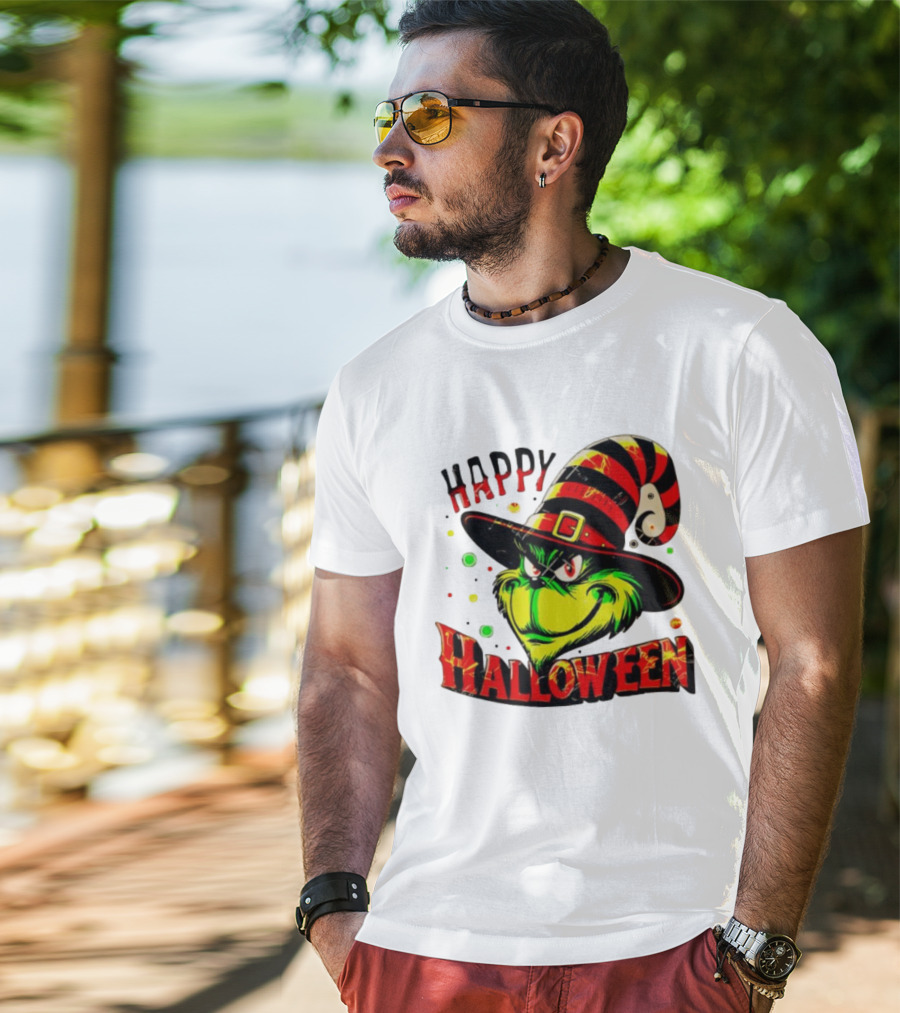 Happy Halloween Grinch Witch Hat Striped Festive T-Shirt