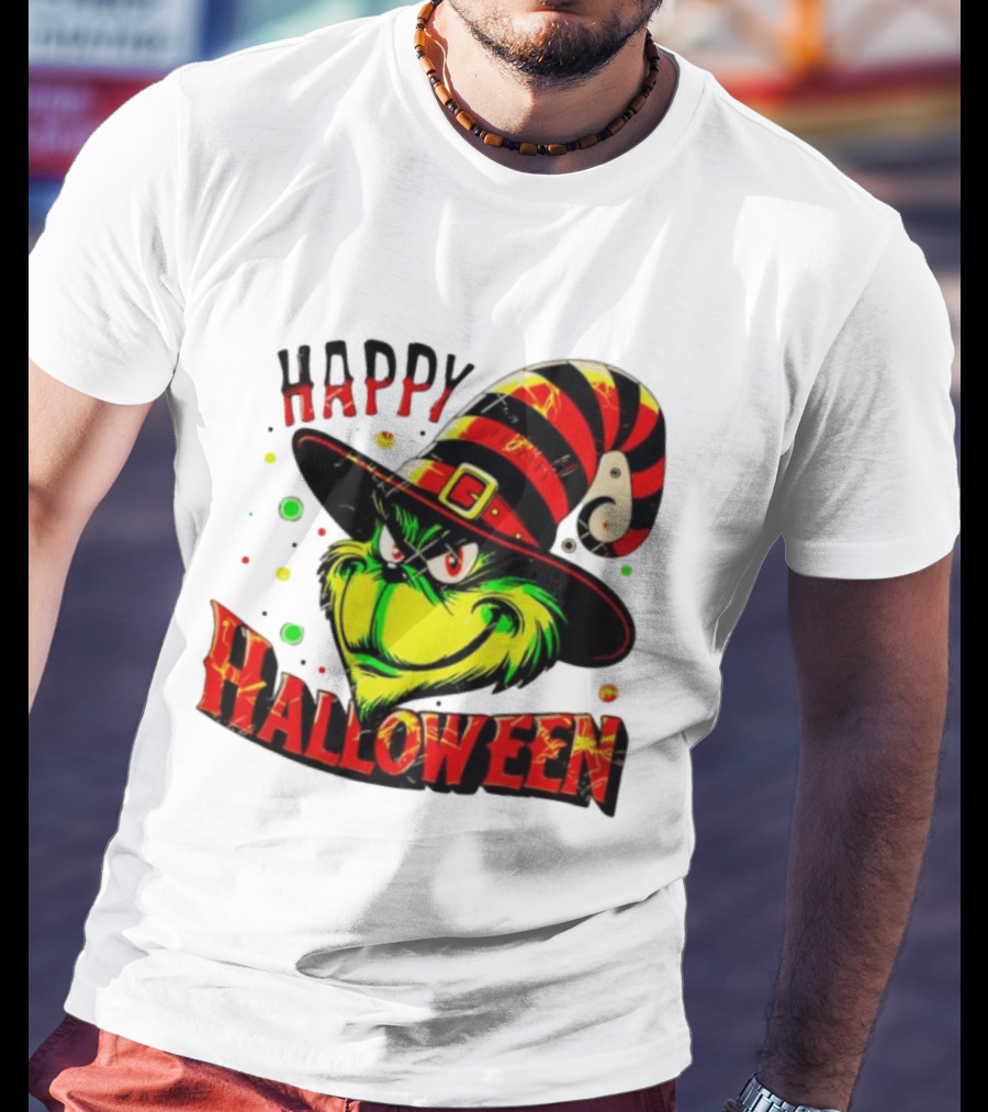 Happy Halloween Grinch Witch Hat Striped Festive T-Shirt