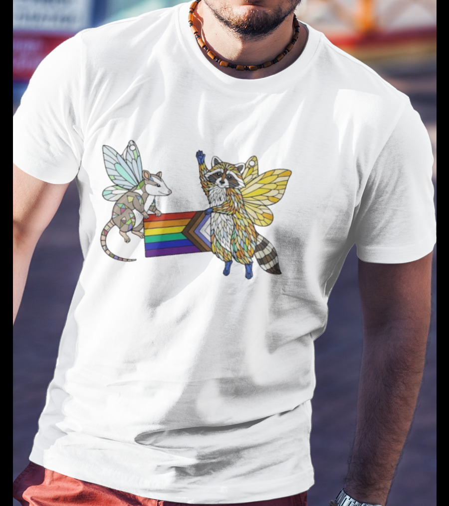 LGBTQ Pride Flag Fairy Opossum And Raccoon With Wings T-Shirt