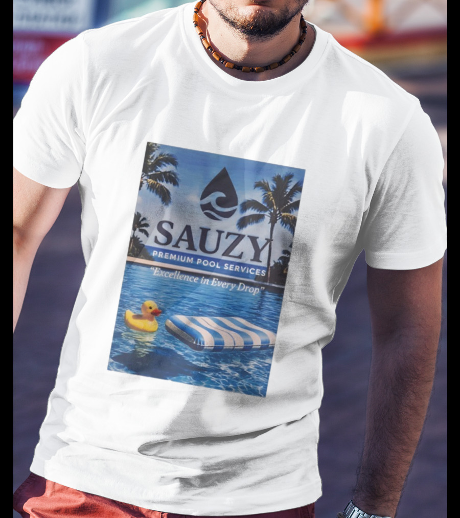 Sauzy Premium Pool Services Excellence In Every Drop Floating Fun With Duck And Lounger Palm Oasis T-Shirt