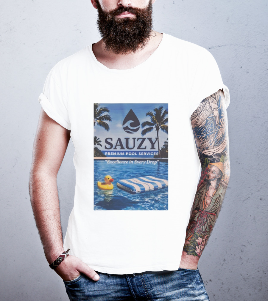 Sauzy Premium Pool Services Excellence In Every Drop Floating Fun With Duck And Lounger Palm Oasis T-Shirt
