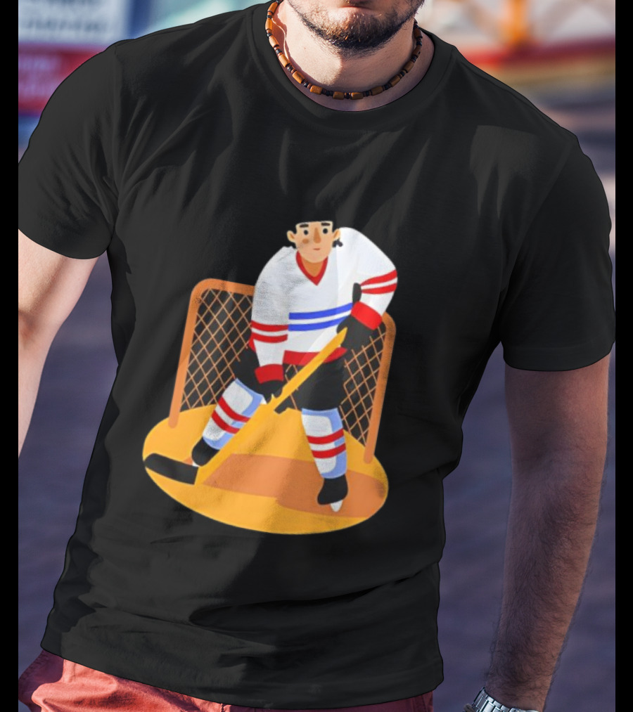 Ice Hockey Goalie In Action With Stick And Net Background T-Shirt
