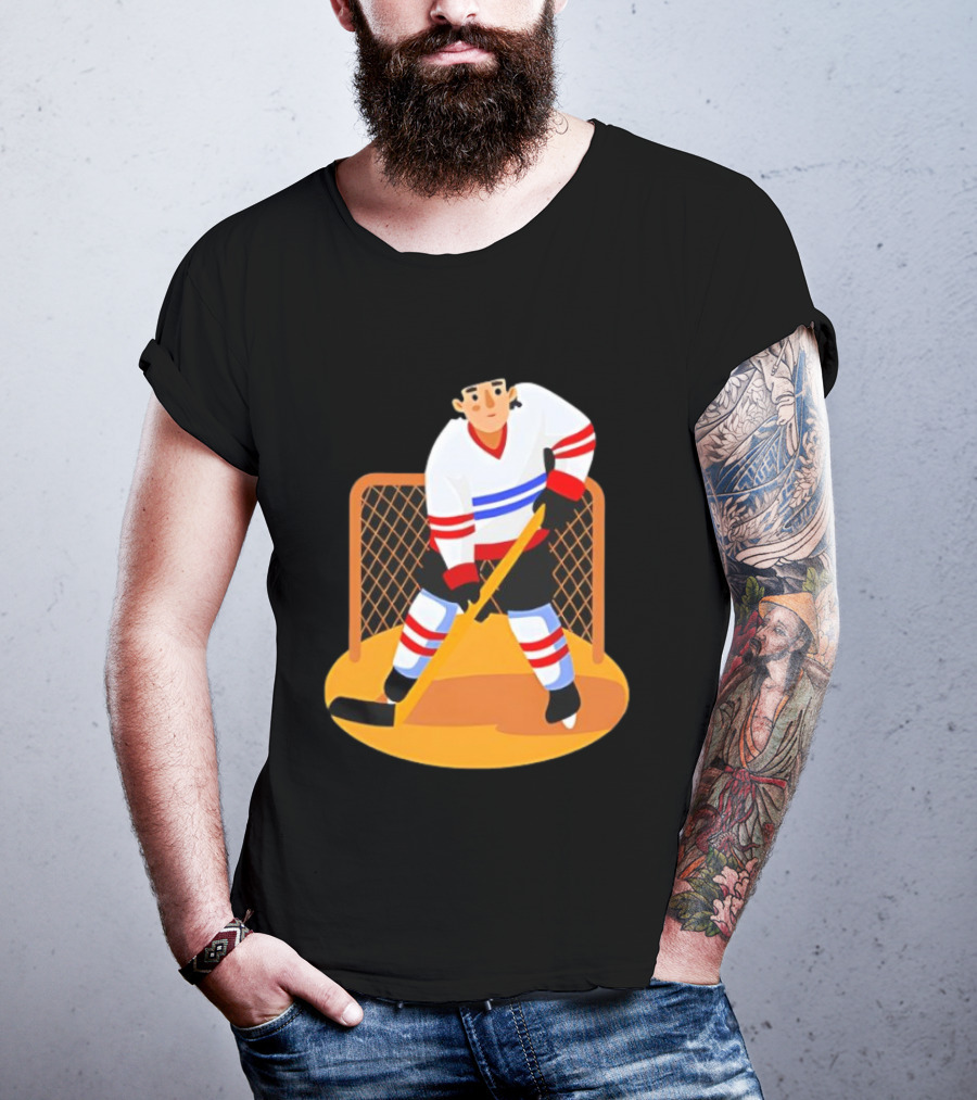 Ice Hockey Goalie In Action With Stick And Net Background T-Shirt