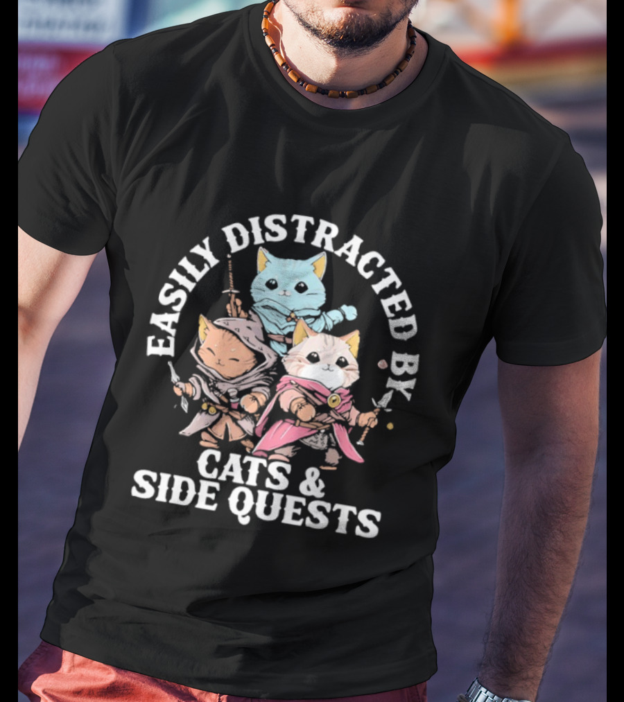 Easily Distracted By Cats And Side Quests Adventure Cats T-Shirt
