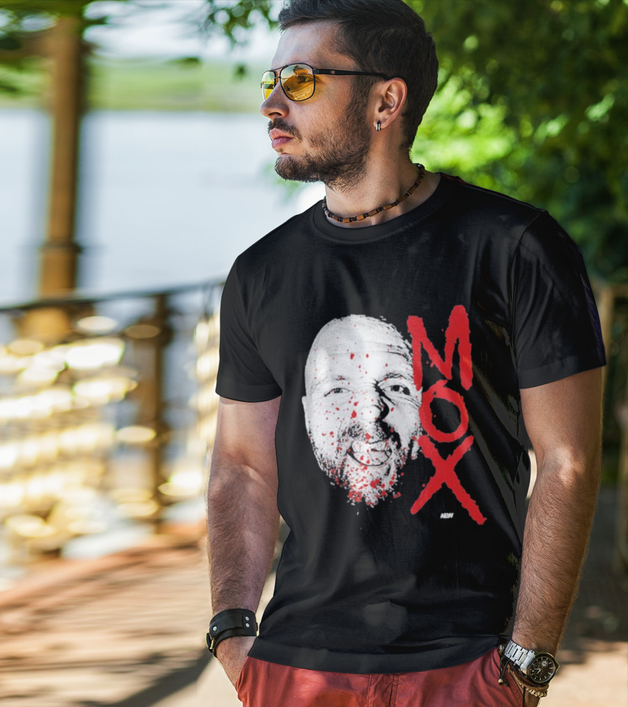 Moxley Big Head Mox Text Blood Splatter T-Shirt