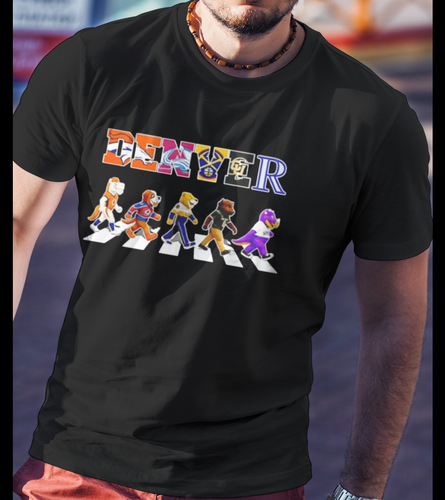 Denver Broncos Avalanche Nuggets Buffaloes Rockies Mascots Walking Abbey Road T-Shirt