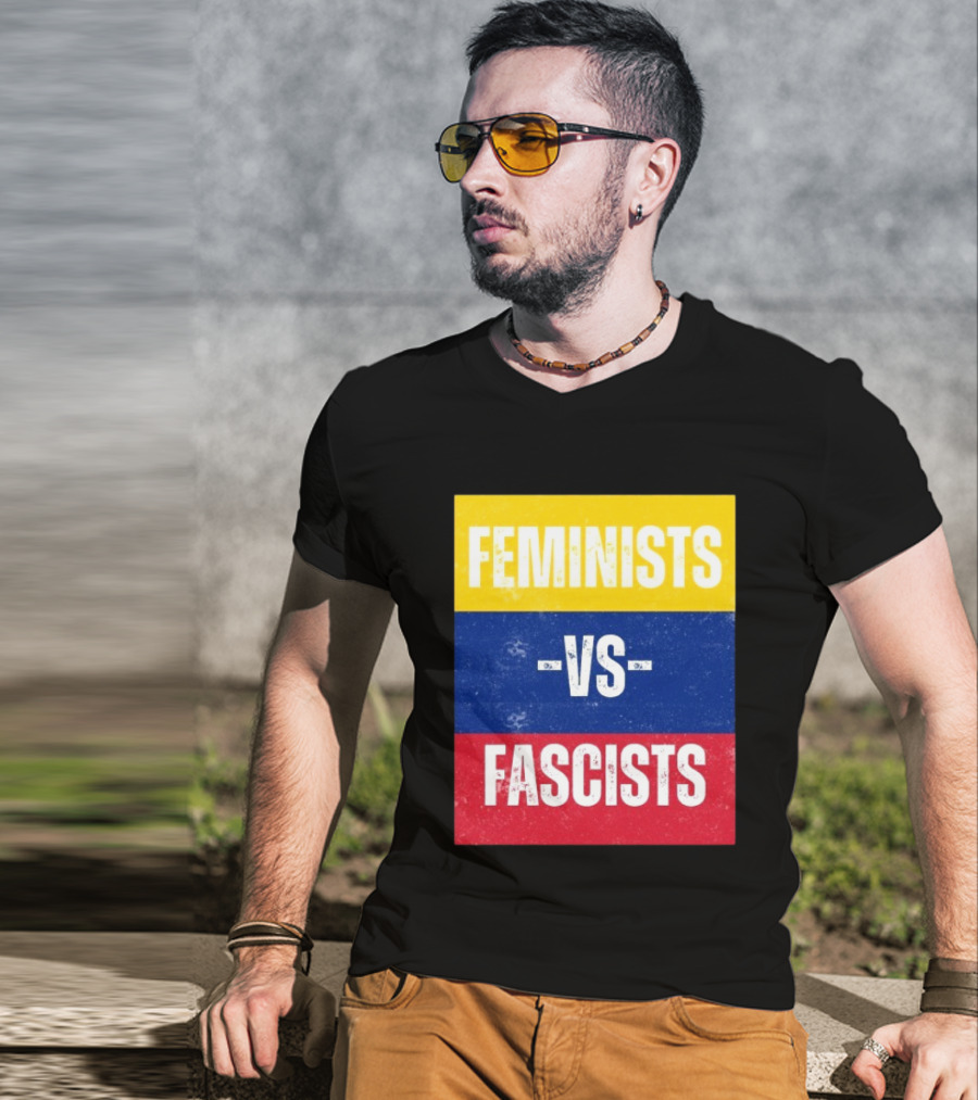 Feminists Vs Fascists Bold Statement Yellow Blue Red March T-Shirt