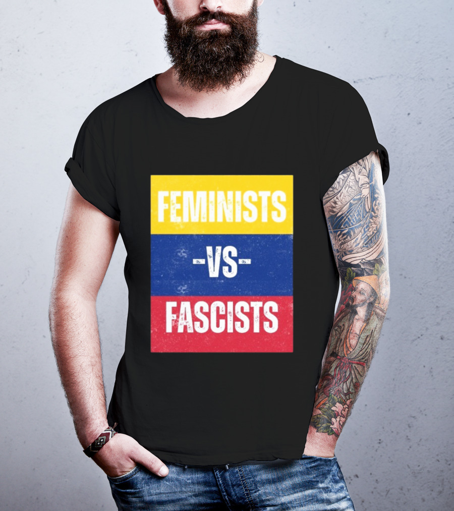 Feminists Vs Fascists Bold Statement Yellow Blue Red March T-Shirt