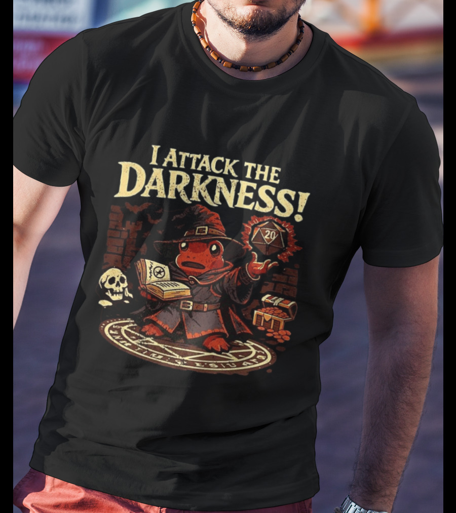 I Attack The Darkness Frog Wizard D20 Skull Spellbook Dungeon Treasure T-Shirt