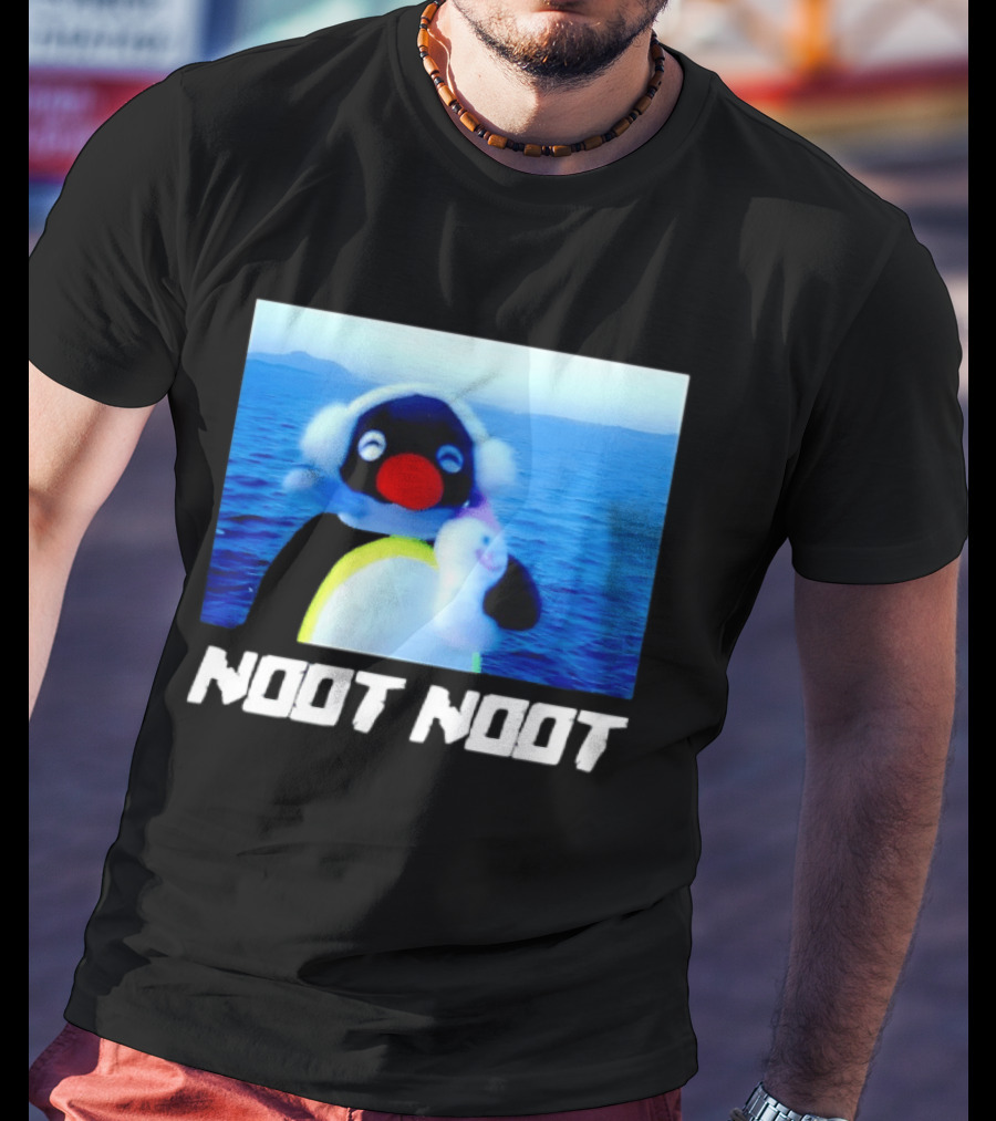 Noot Noot Penguin Holding Toy Ocean Background T-Shirt