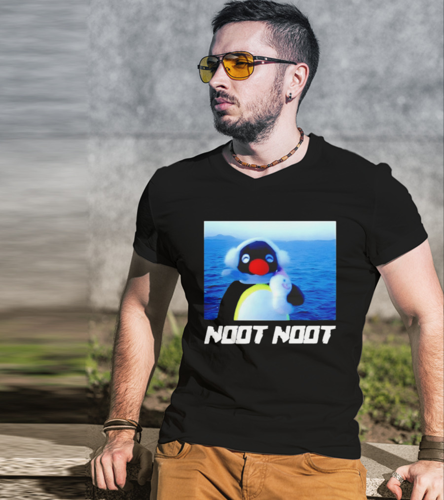 Noot Noot Penguin Holding Toy Ocean Background T-Shirt