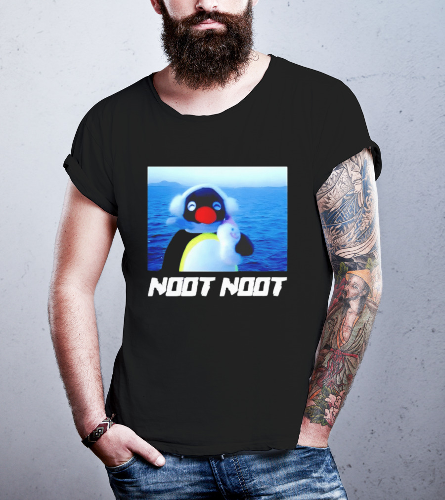 Noot Noot Penguin Holding Toy Ocean Background T-Shirt