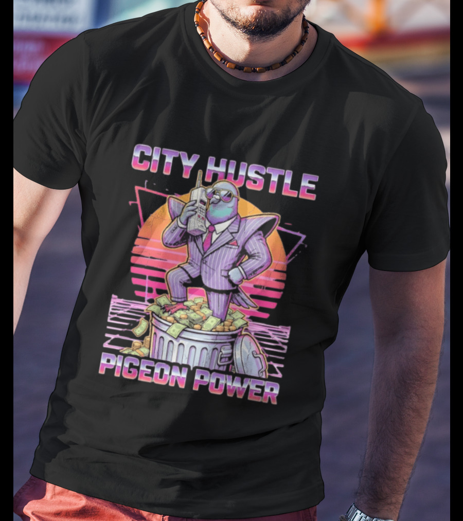 Pigeon Power City Hustle Funny Retro 80s Synthwave Suit Money Trash Can Telephone T-Shirt