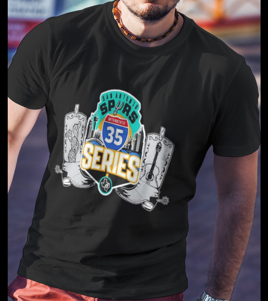 San Antonio Spurs Interstate 35 Series Cactus Guitar Boots Skyline T-Shirt