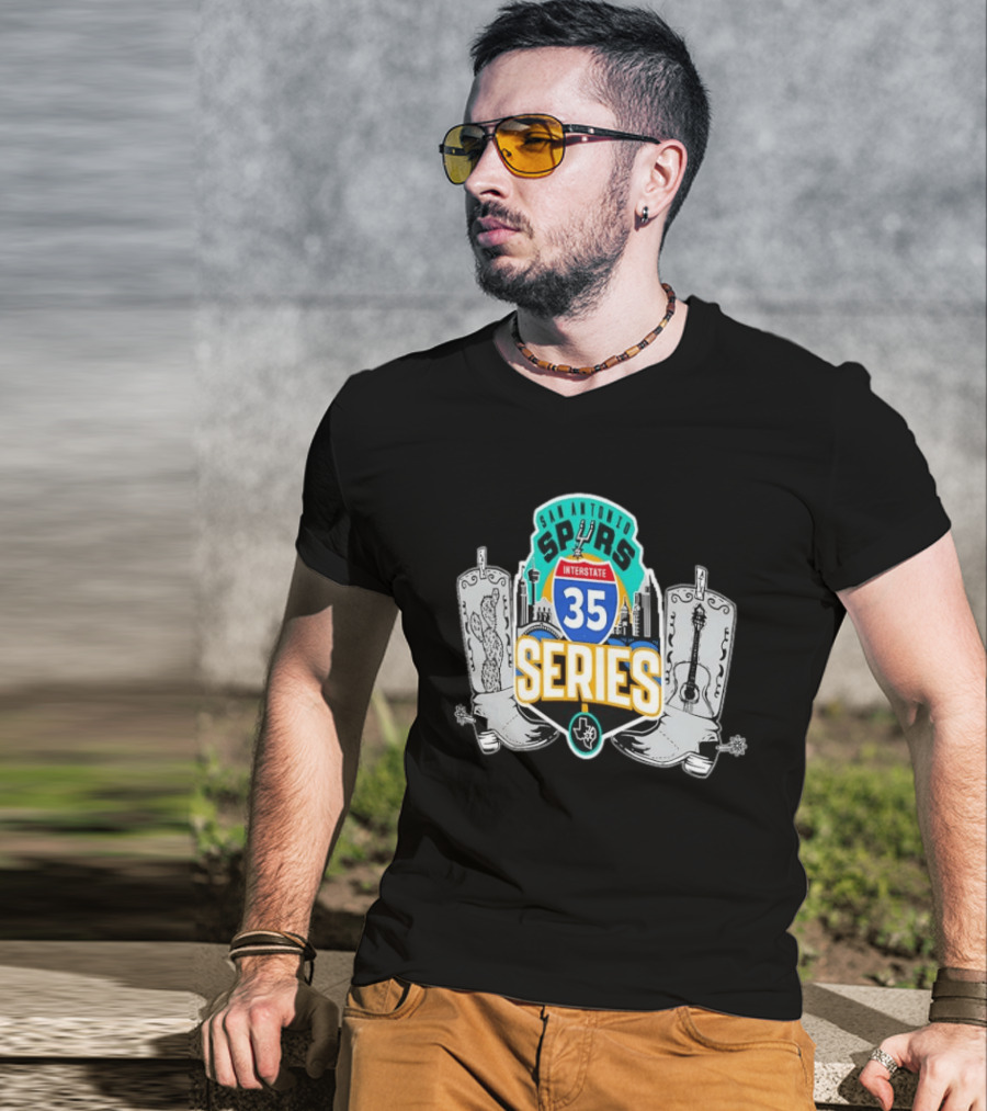 San Antonio Spurs Interstate 35 Series Cactus Guitar Boots Skyline T-Shirt