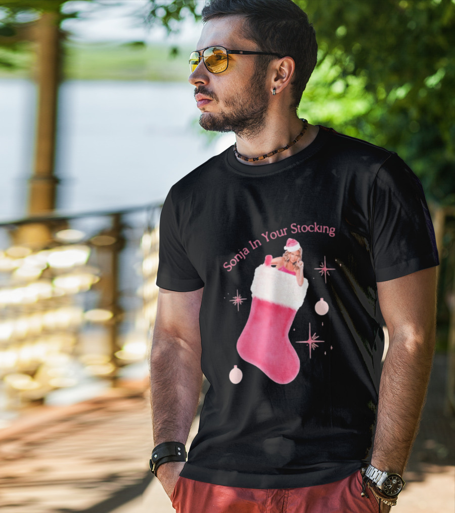 Sonja In Your Stocking Holiday Christmas Sox Pink Santa Hat Festive T-Shirt