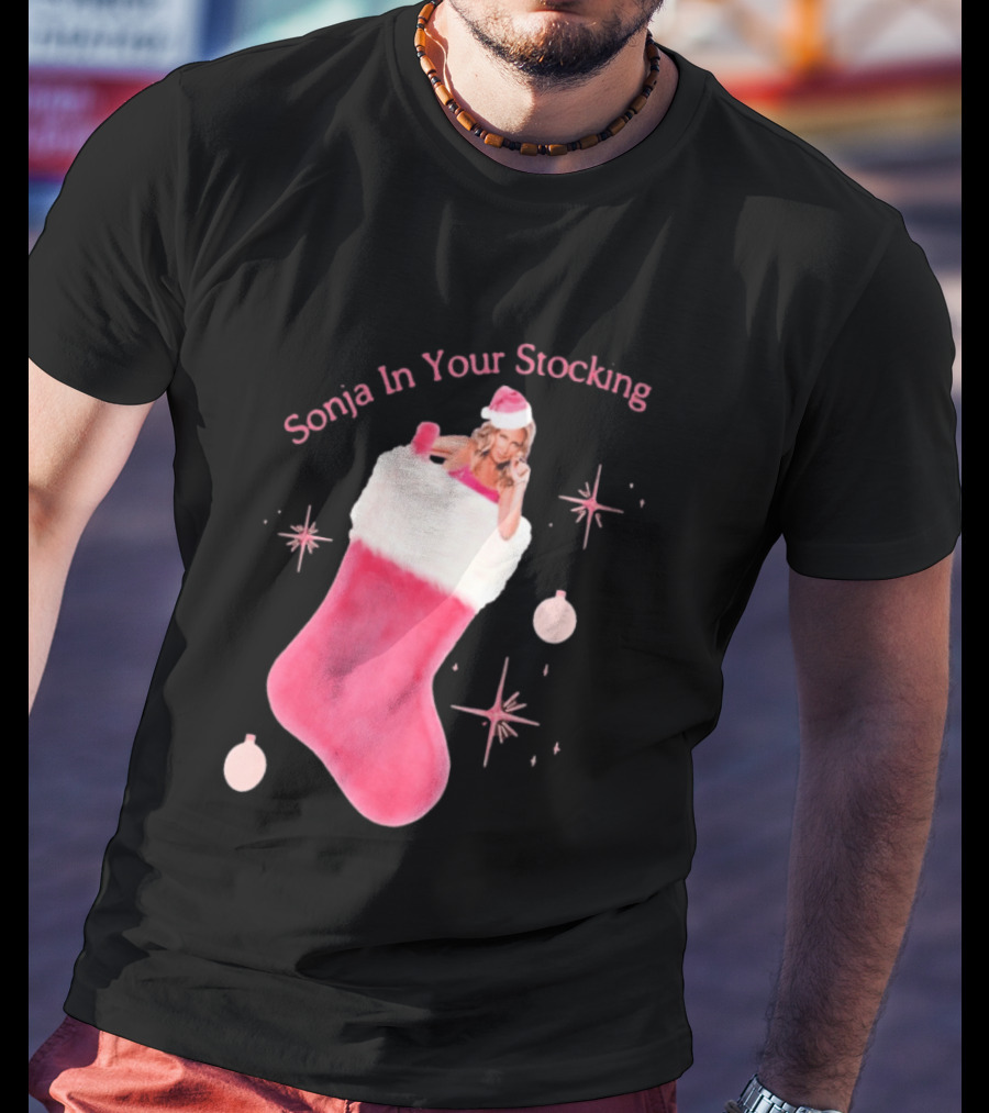 Sonja In Your Stocking Holiday Christmas Sox Pink Santa Hat Festive T-Shirt
