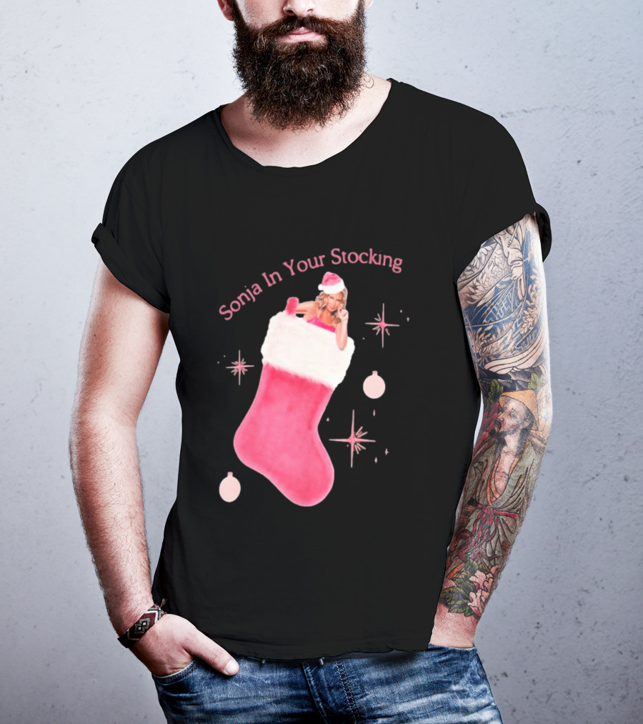 Sonja In Your Stocking Holiday Christmas Sox Pink Santa Hat Festive T-Shirt