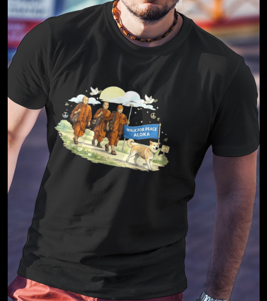 Walk For Peace Aloka Monks With Dog And Doves T-Shirt