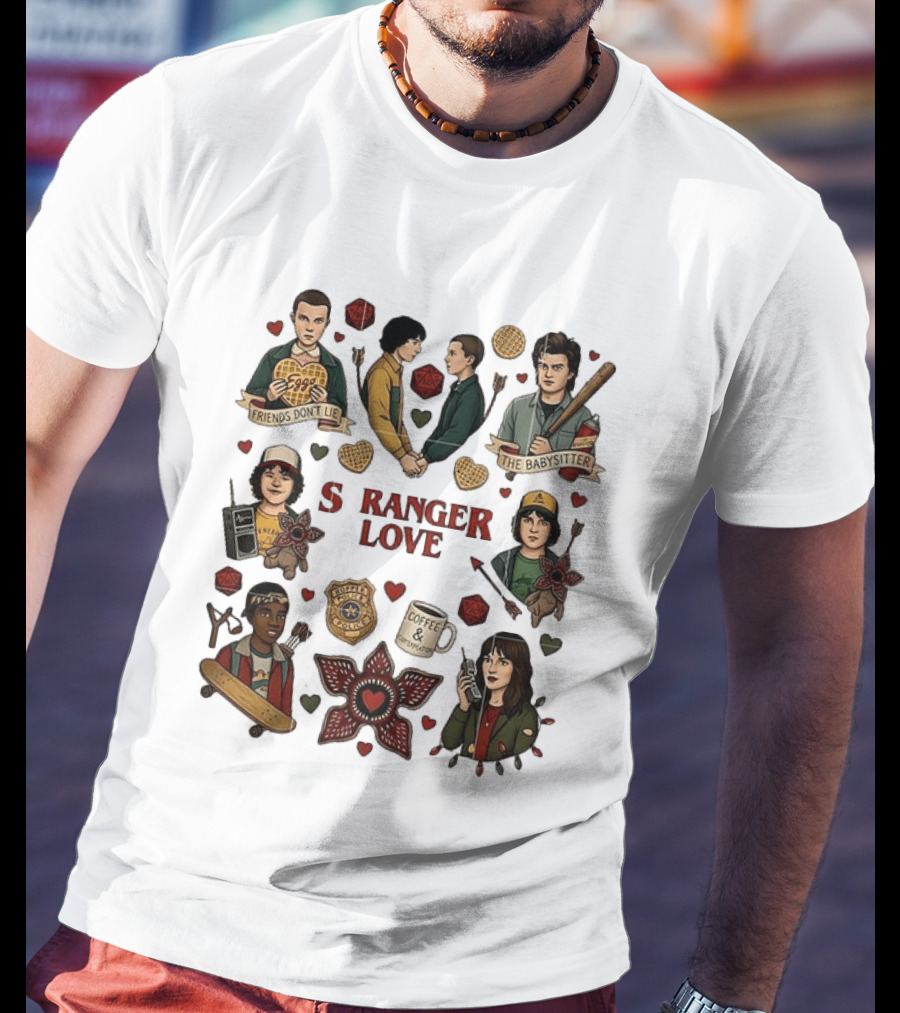 Stranger Love Friends Don't Lie Valentine's Day Babysitter Coffee Contemplation T-Shirt